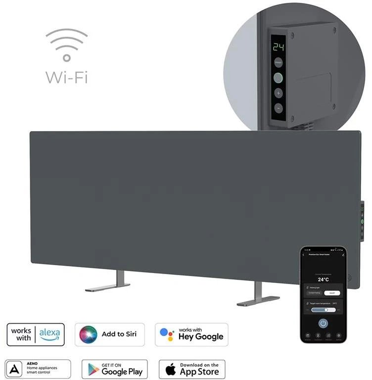 AENO Premium Eco Smart Heater, 700W, Grūdintas stiklas, Infraraudonųjų spindulių+konvekcinis šildymo tipas, LED ekranas, Kištuko tipas: Europa (E/F tipas), Pilkas