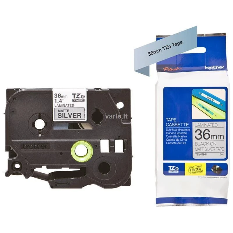 Brother TZe-M961 Metallic Matt Laminated Tape Juodas on Sidabrinis, TZe, 8 m, 3.6 cm