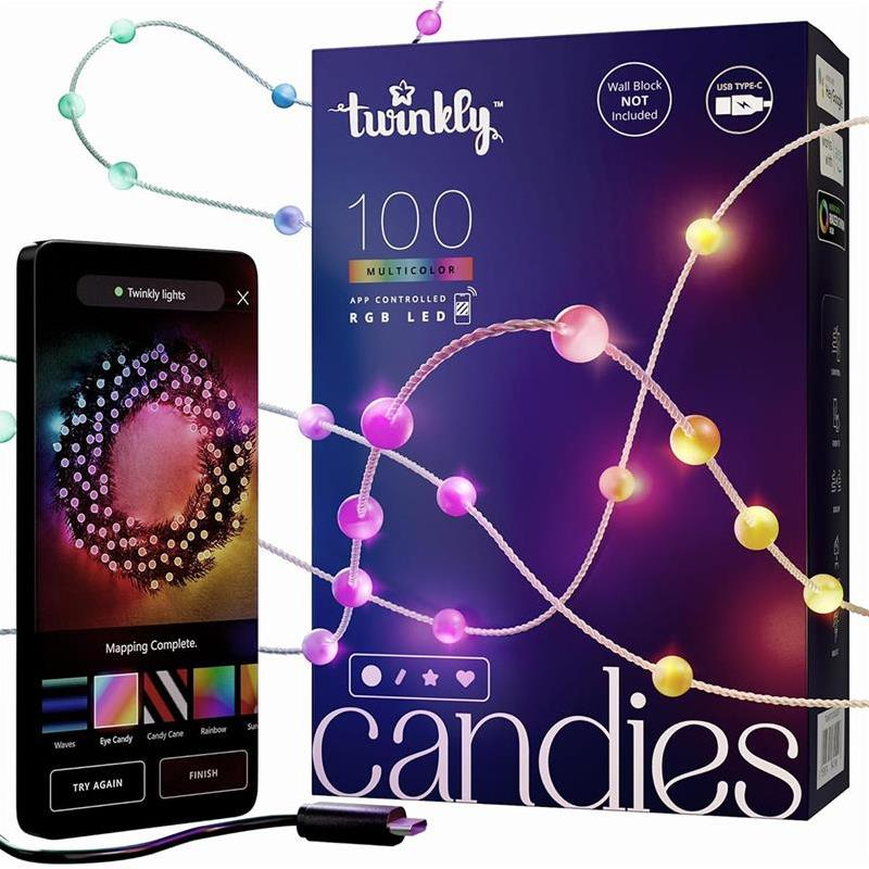 Lubinis šviestuvas „Twinkly Candies“ 100 perlų formos RGB šviesos diodų, skaidrus laidas, USB-C