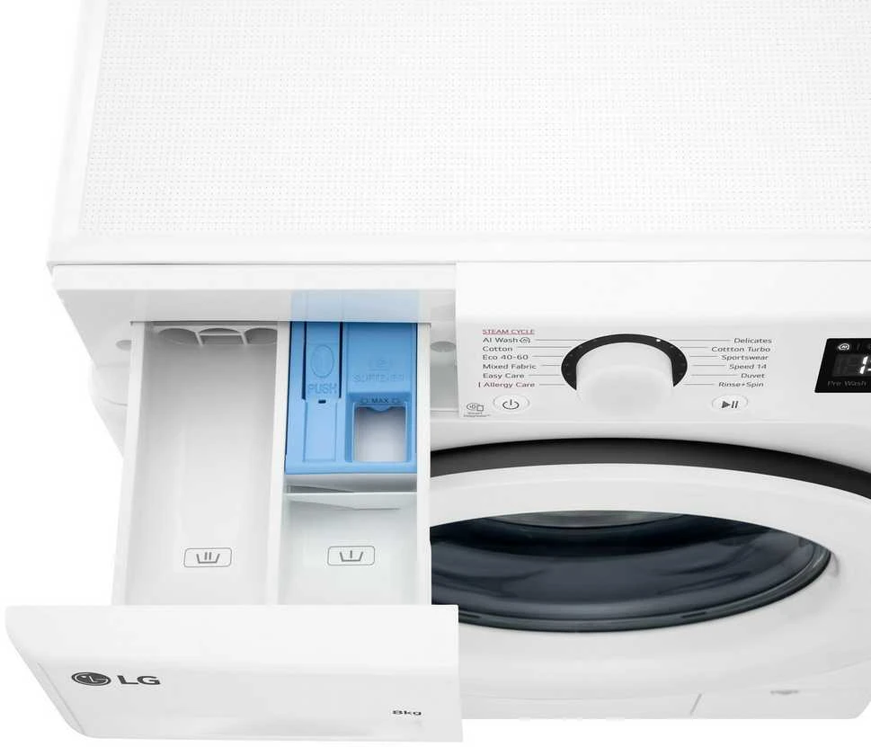 LG | Skalbimo mašina | F2WR508SWW | Energy efficiency class A | Front loading | Skalbimo talpa 8kg | 1200 RPM | Gylis 47.5 cm | Plotis 60 cm | Ekranas | LED | Steam function | Direct drive | Baltas
