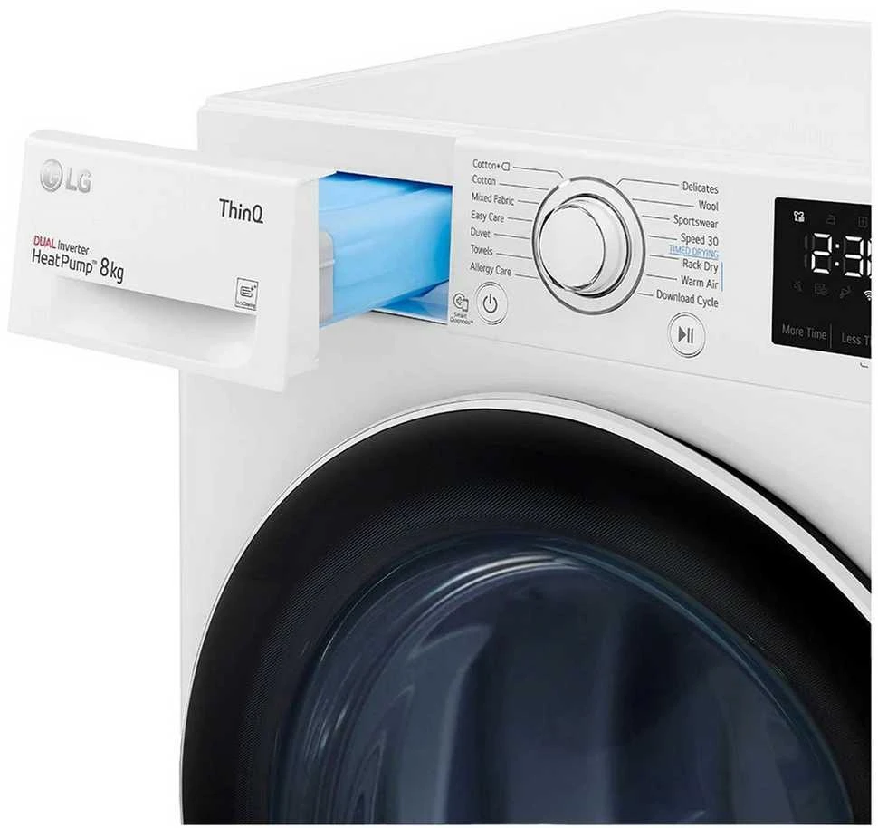 LG | Džiovyklė | RH80V3AV6N | Energijos vartojimo efektyvumo klasė D | Pakraunama iš priekio | 8kg | LED | Gylis 69 cm | Wi-Fi | Baltas