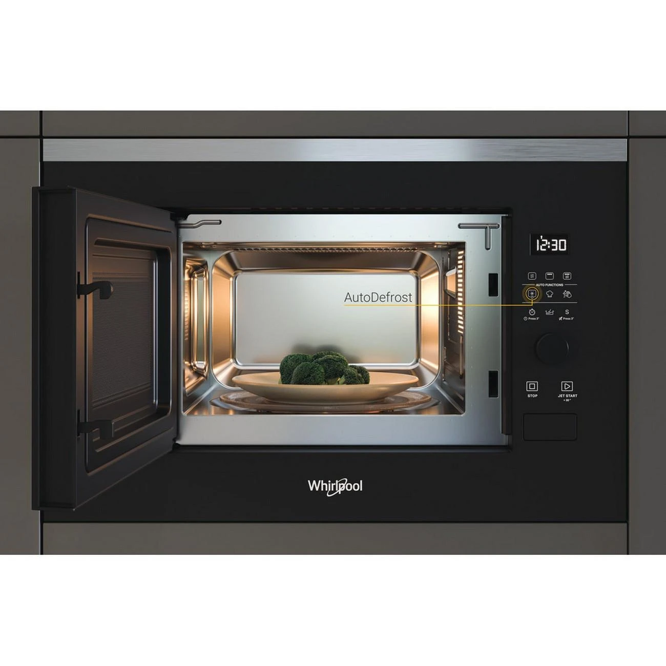 Whirlpool WMF201G mikrobangų krosnelė Įmontuoti Mikrobangų krosnelė su kepsninės funkcija 20 L 800 W Juoda, Nerūdijančiojo plieno