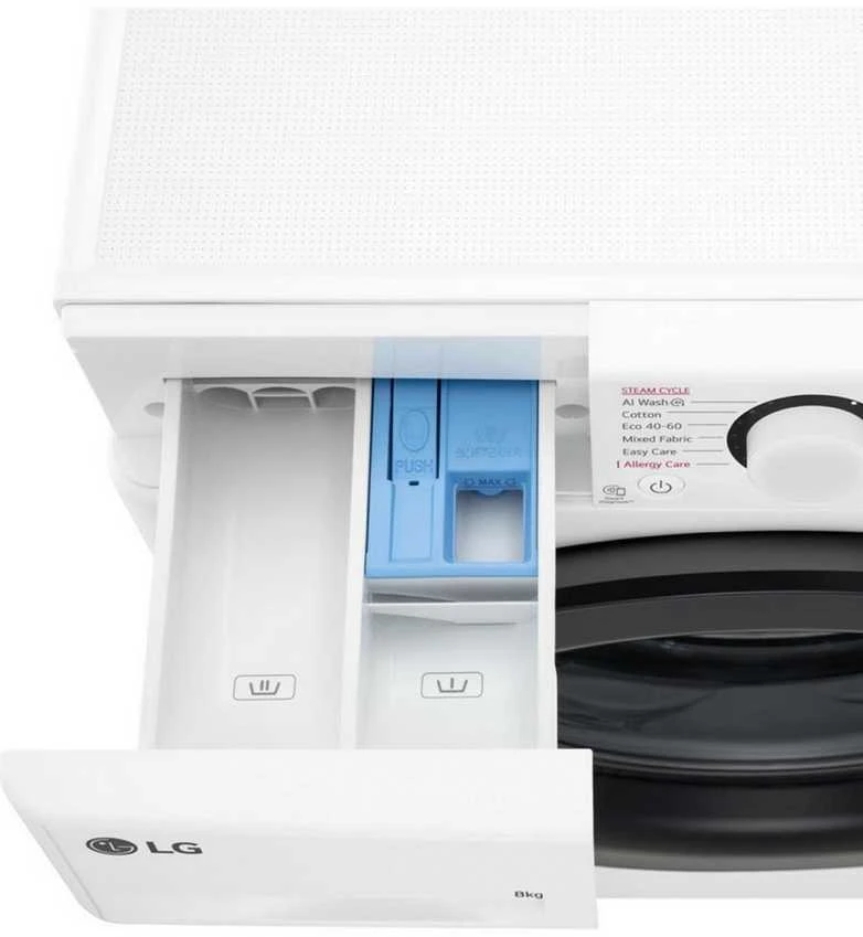 LG | Skalbimo mašina | F2WR508SWW | Energy efficiency class A | Front loading | Skalbimo talpa 8kg | 1200 RPM | Gylis 47.5 cm | Plotis 60 cm | Ekranas | LED | Steam function | Direct drive | Baltas