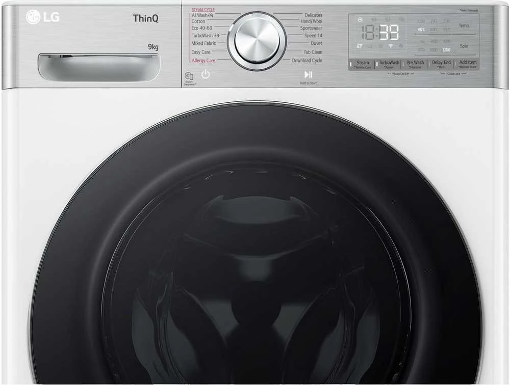 LG | Skalbimo mašina | F2WR909P3W | Energy efficiency class A | Front loading | Skalbimo talpa 9kg | 1200 RPM | Gylis 47.5 cm | Plotis 60 cm | LED | Steam function | Direct drive | Wi-Fi | Baltas