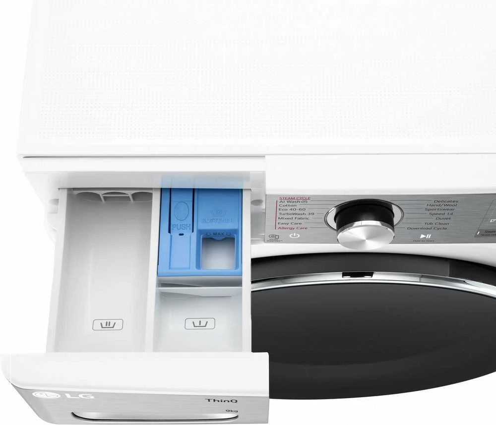 LG | Skalbimo mašina | F2WR909P3W | Energy efficiency class A | Front loading | Skalbimo talpa 9kg | 1200 RPM | Gylis 47.5 cm | Plotis 60 cm | LED | Steam function | Direct drive | Wi-Fi | Baltas