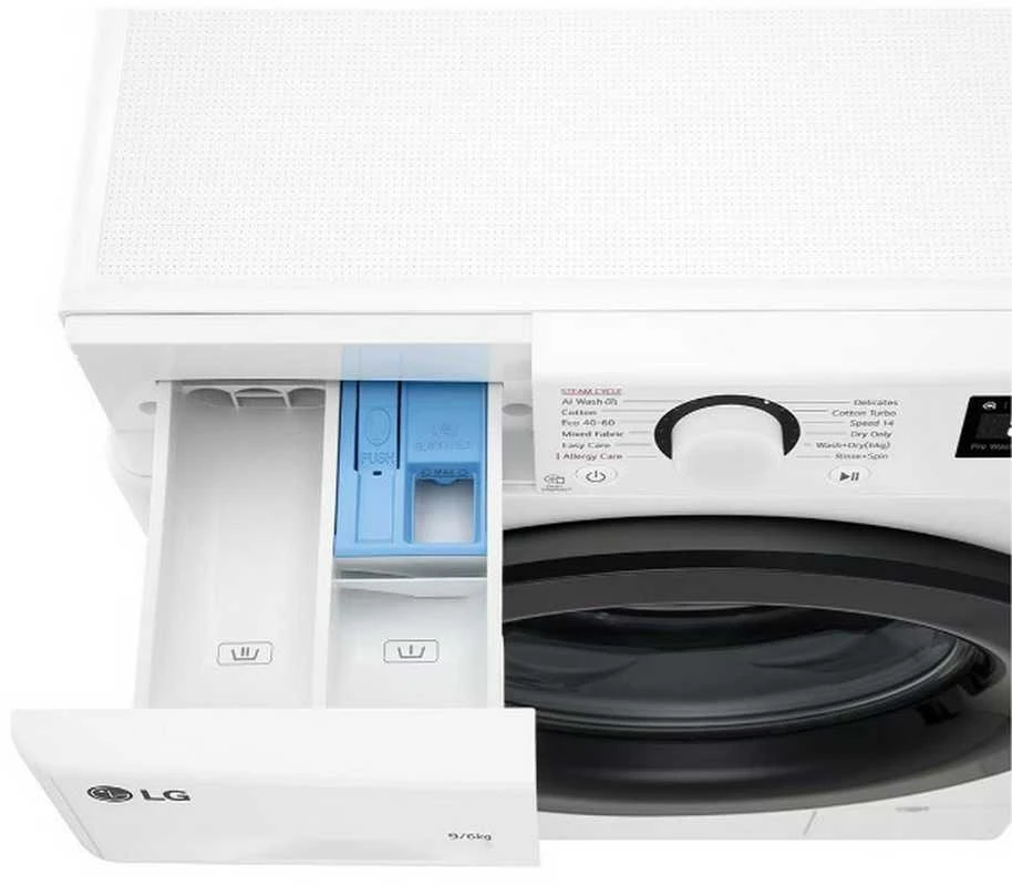 LG | Skalbimo mašina su džiovykle | F4DR509SBW | Energijos vartojimo efektyvumo klasė A | Pakrovimas iš priekio | Skalbimo talpa 9kg | 1400 RPM | Gylis 55 cm | Plotis 60 cm | Ekranas | Sukamoji rankenėlė + LED | Džiovinimo sistema | Džiovinimo talpa 6kg | Garų funkcija | Tiesioginis varymas | Baltas