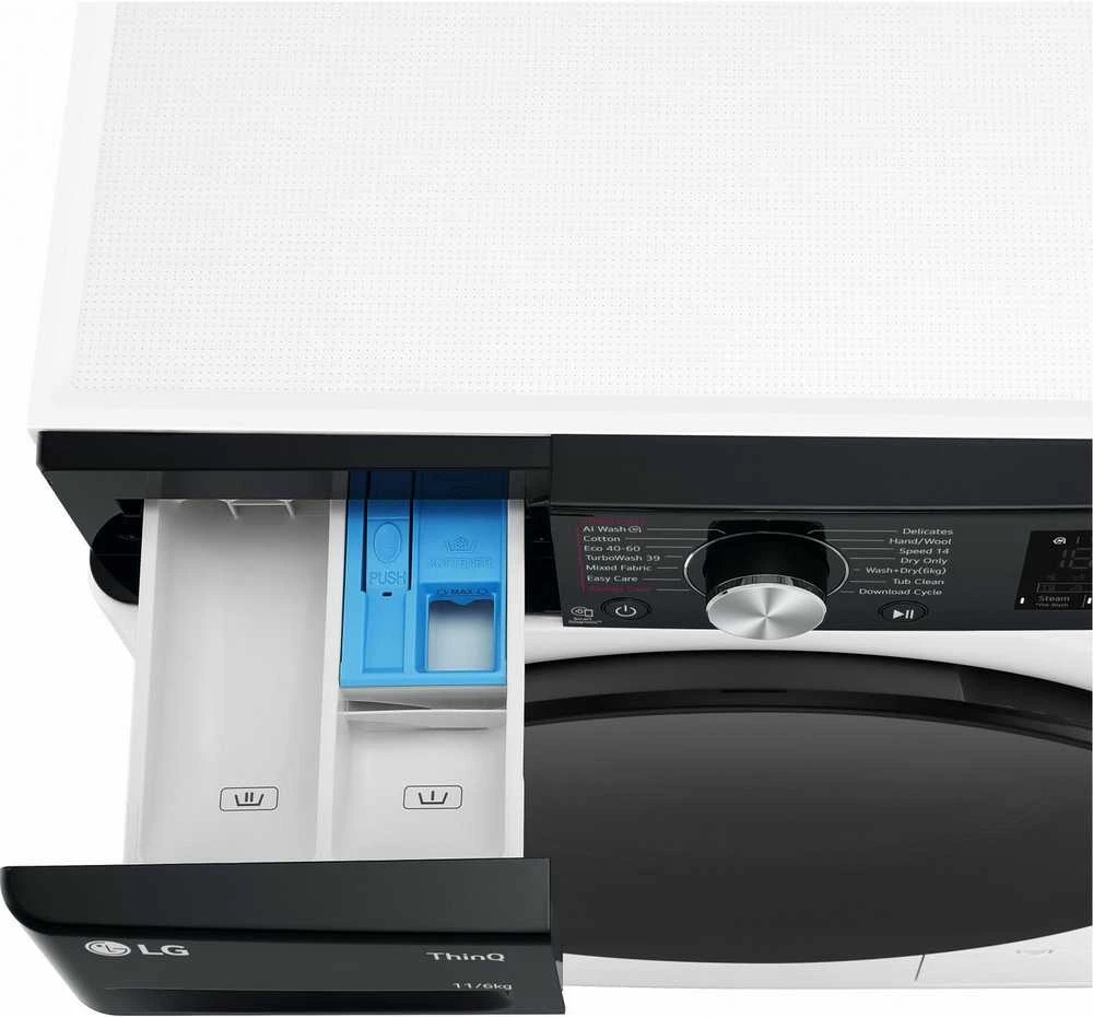 LG | Skalbimo mašina with Dryer | F4DR711S2H | Energy efficiency class A | Front loading | Skalbimo talpa 11 kg | 1400 RPM | Gylis 56.5 cm | Plotis 60 cm | Ekranas | LED | Drying system | Drying capacity 6kg | Steam function | Direct drive | Wi-Fi | Baltas