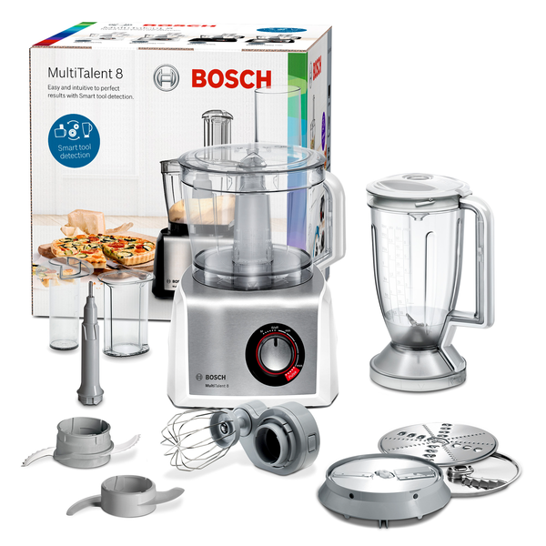 Virtuvinis kombainas Bosch MC812S814 Virtuvės kombainas, MultiTalent 8, 1250 W, Baltas, šiaušto nerūdijančio plieno