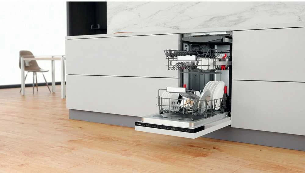 WHIRLPOOL Indaplovė WSIP4O33PFE, D energijos klasė (senas A+++), 45 cm, Powerclean PRO, Trečias krepšelis, 9 programos