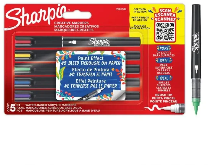 Sharpie kūrybinių akrilinių žymeklių rinkinys, 5 spalvos, teptuko galiukas - 2201182