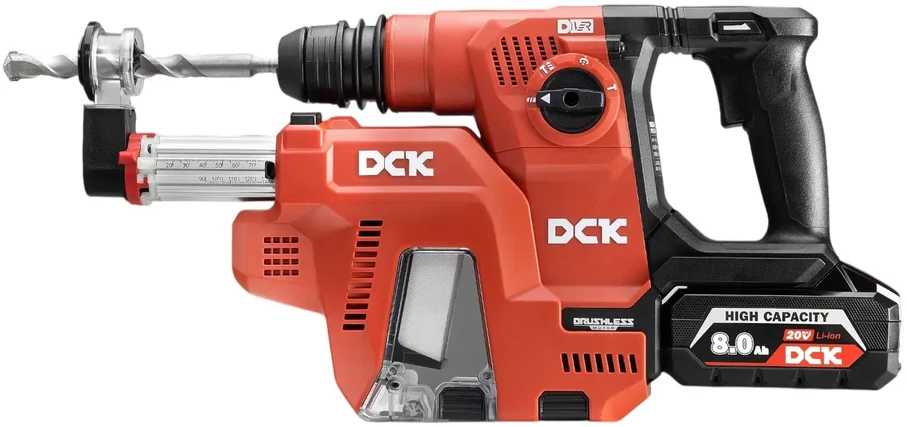Akumuliatorinis bešepetėlinis perforatorius su nusiurbimu SDS+, 2,6J , 20V, KRHDE20V-26R2KIT, DCK (2x8,0Ah akumuliatorius, įkroviklis)