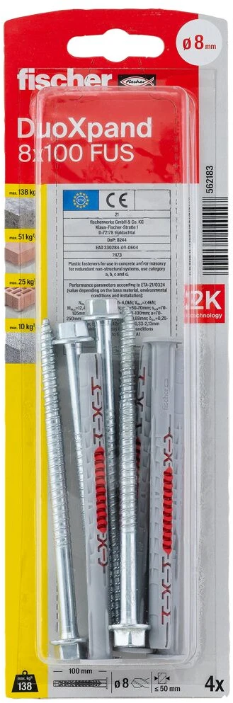 Fischer DuoXpand kaištis su varžtu 8x100 FUS, 4 vnt.