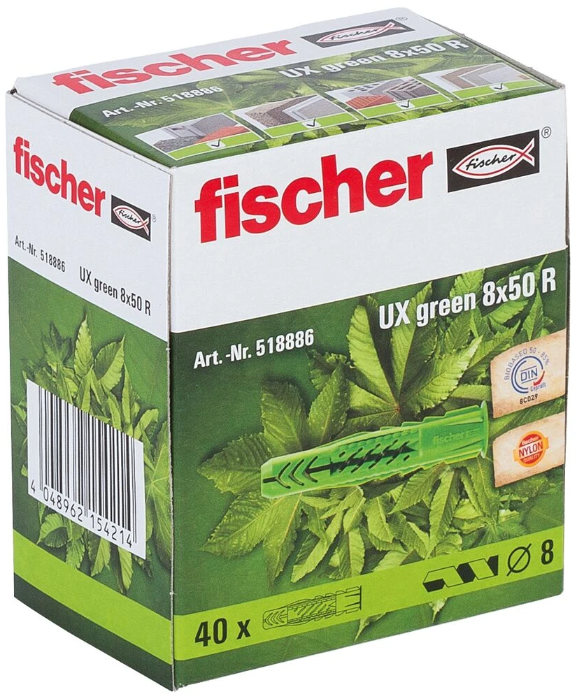 Fischer Univ. kaištis UX Žalias 8 x 50 R su žiedeliu 40 vnt.