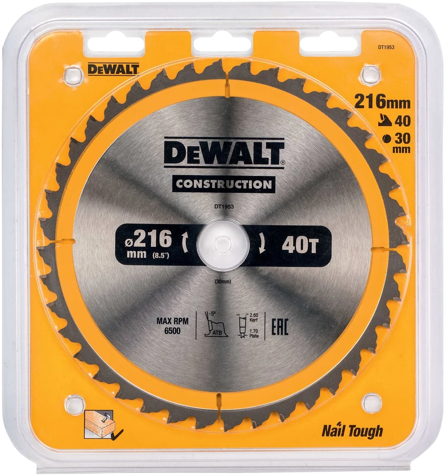 Pjovimo diskas medienai DeWalt; 216x2,6x30,0 mm; Z40; -5°