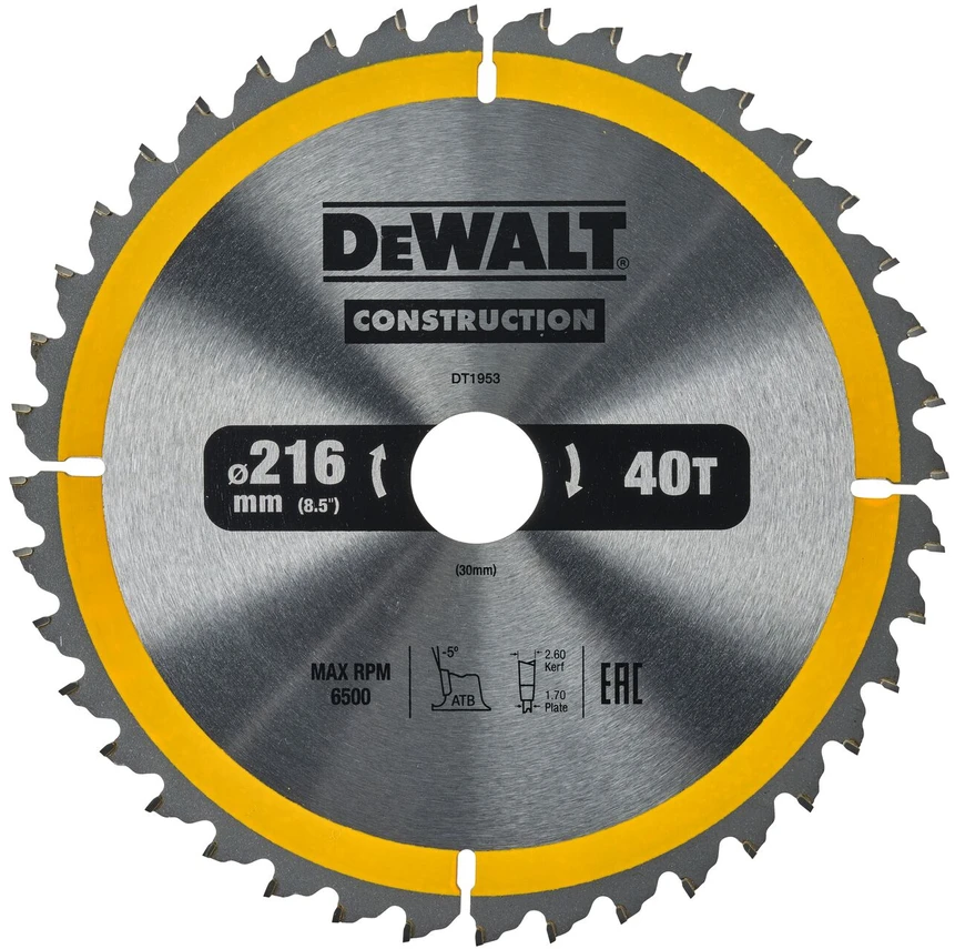 Pjovimo diskas medienai DeWalt; 216x2,6x30,0 mm; Z40; -5°
