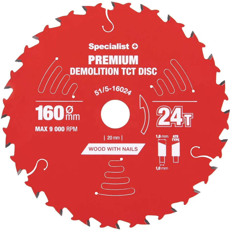 Medžio pjovimo diskas SPECIALIST+ Premium Demolition, 160 x 1,6 x 20 mm, 24 dantų, 18°, TCT