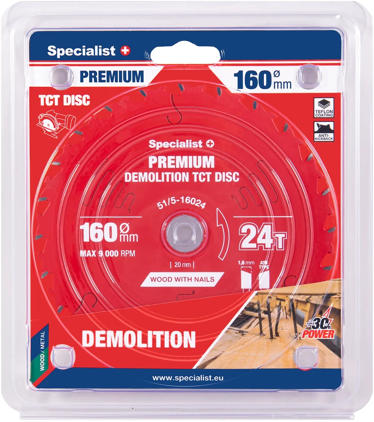 Medžio pjovimo diskas SPECIALIST+ Premium Demolition, 160 x 1,6 x 20 mm, 24 dantų, 18°, TCT