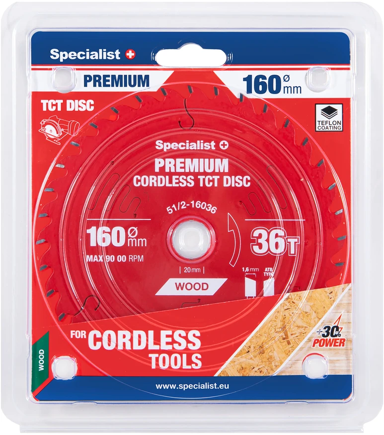 Medžio pjovimo diskas SPECIALIST+ Premium Cordless, 160 x 1,6 x 20 mm, 36 dantų, 15°, TCT