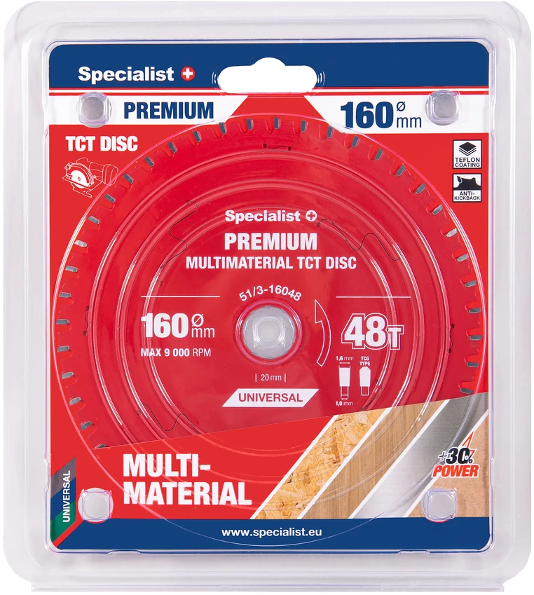 Universalus pjovimo diskas SPECIALIST+ Premium, 160 x 1,6 x 20 mm, 48 dantų, 0°, TCT