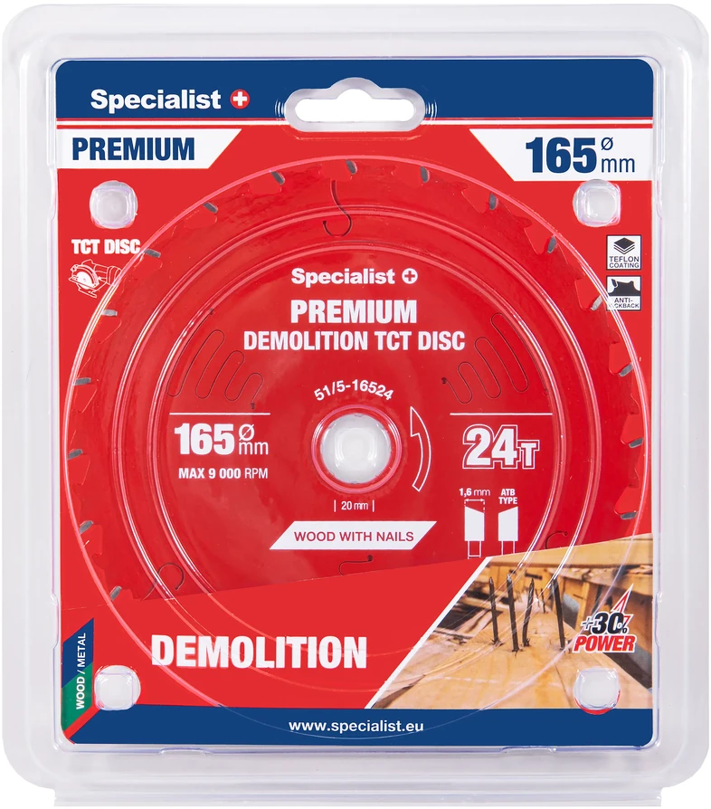 Medžio pjovimo diskas SPECIALIST+ Premium Demolition, 165 x 1,6 x 20 mm, 24 dantų, 18°, TCT