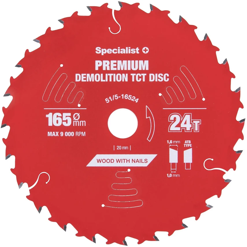 Medžio pjovimo diskas SPECIALIST+ Premium Demolition, 165 x 1,6 x 20 mm, 24 dantų, 18°, TCT