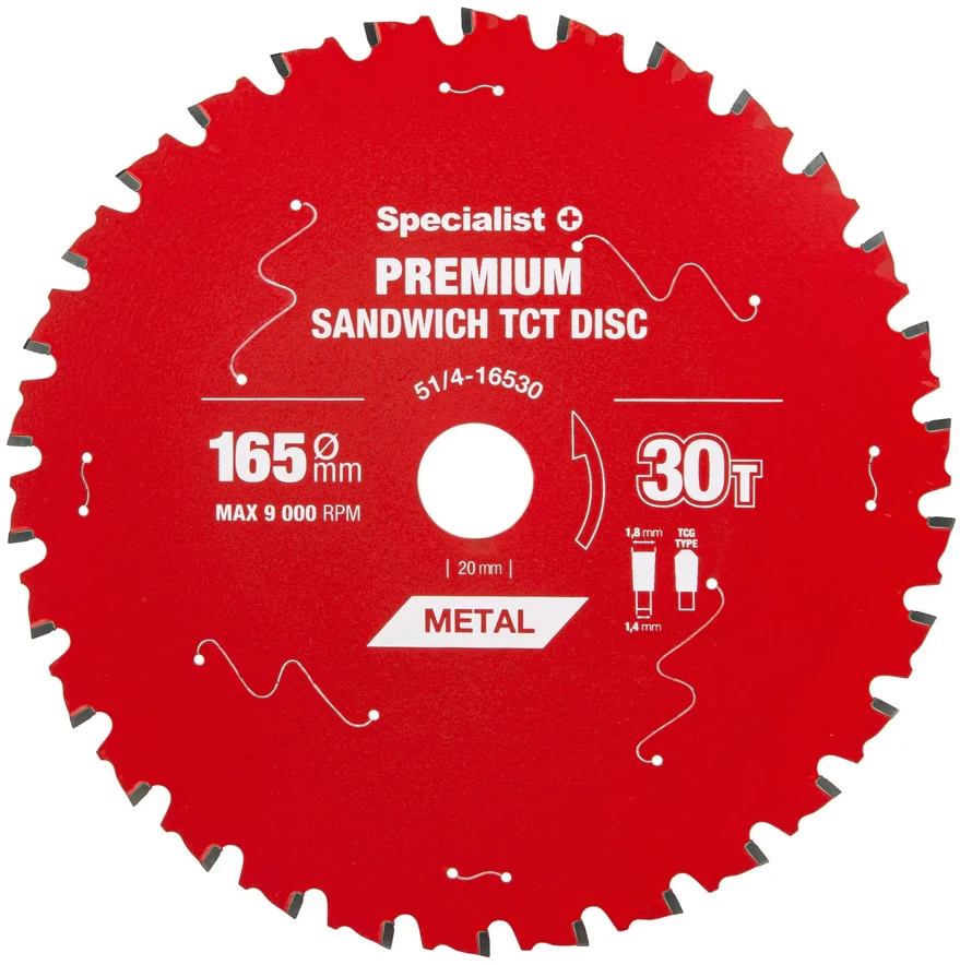 Metalo pjovimo diskas SPECIALIST+ Premium, 165 x 1,8 x 20 mm, 30 dantų, 0°, TCT