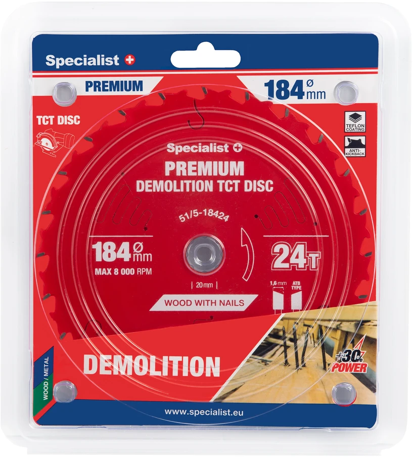 Medžio pjovimo diskas SPECIALIST+ Premium Demolition, 184 x 1,6 x 20/16 mm, 24 dantų, 18°, TCT