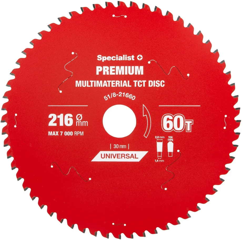 Universalus pjovimo diskas SPECIALIST+ Premium, 216 x 2,0 x 30 mm, 60 dantų, 0°, TCT, staklėms