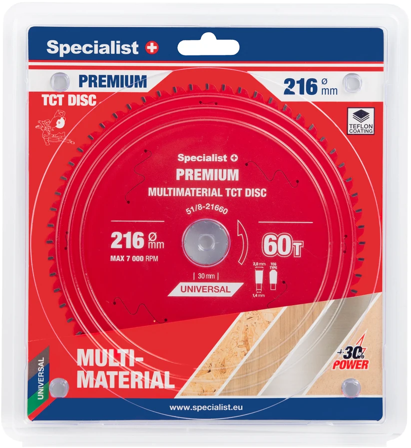 Universalus pjovimo diskas SPECIALIST+ Premium, 216 x 2,0 x 30 mm, 60 dantų, 0°, TCT, staklėms
