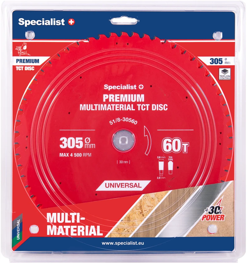 Universalus pjovimo diskas SPECIALIST+ Premium, 305 x 2,6 x 30 mm, 60 dantų, 0°, TCT, staklėms