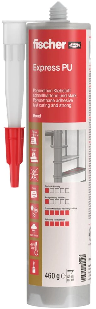 Fischer Poliuretaniniai klijai Express PU, smėlio spalvos 310 ml. + pirštinės