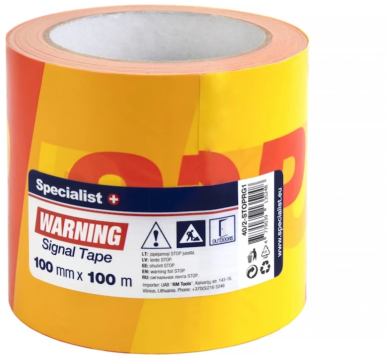 SPECIALIST+ juosta „STOP“, 100 mm x 100 m, raudona/geltona