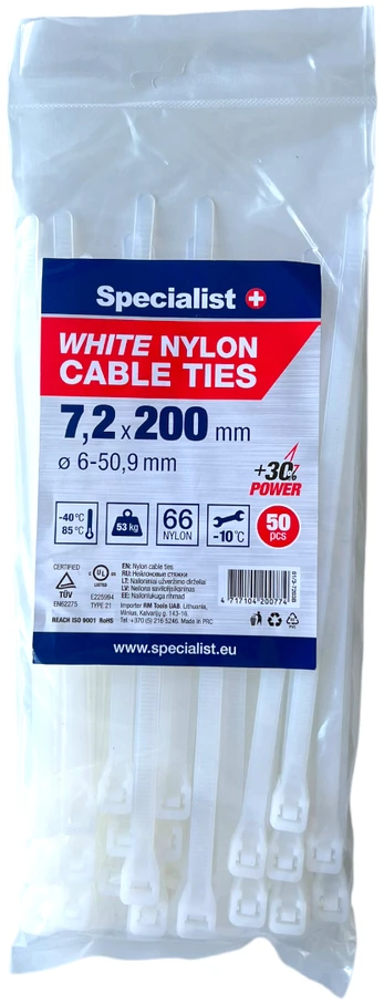SPECIALIST+ nailon. dirželis, baltas, 7.6x200 mm, 50 vnt.