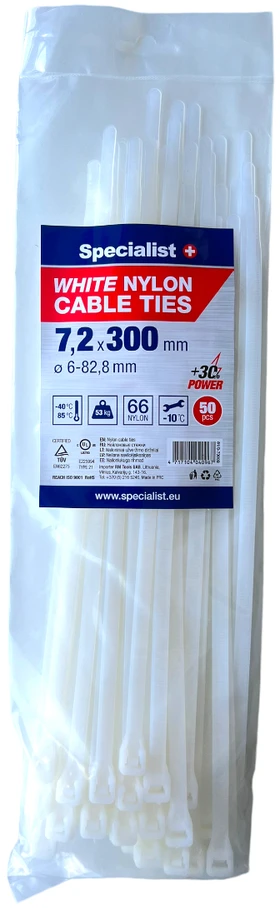 SPECIALIST+ nailon. dirželis, baltas, 7.6x300 mm, 50 vnt.