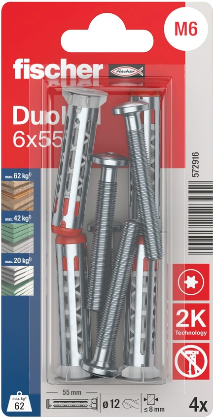 Tuščiavidurių konstrukcijų kaištis DuoHM 6x55 S PH TX, Fischer, 4 vnt.