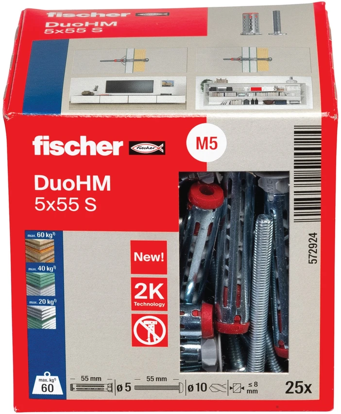 Tuščiavidurių konstrukcijų kaištis DuoHM 5x55 S PH TX, Fischer, 25 vnt.