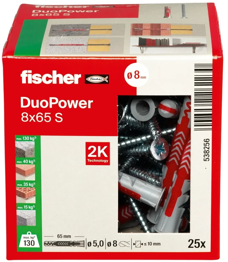 Grąžtas Kaištis Fischer DuoPower, 65 mm x 8 mm, 25 vnt.