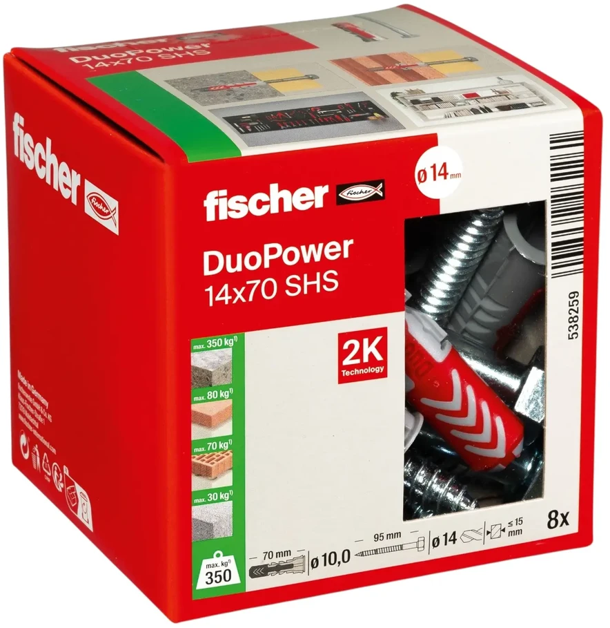 Grąžtas Kaištis Fischer DuoPower, 70 mm x 14 mm, 8 vnt.