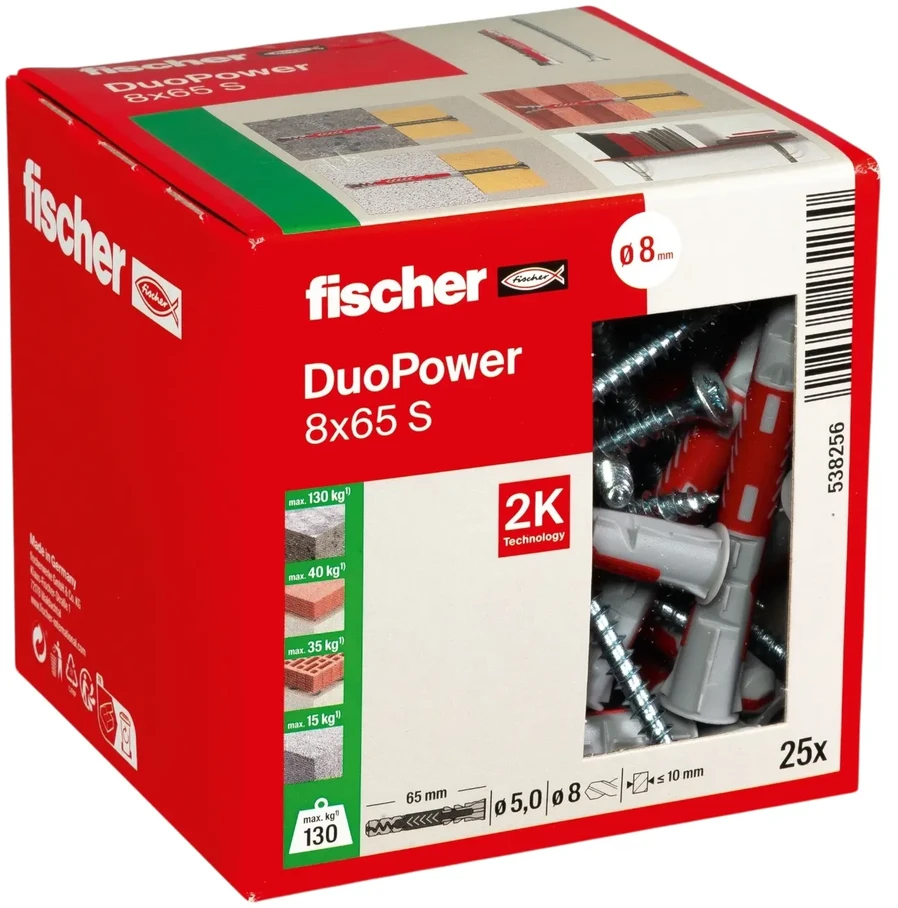 Grąžtas Kaištis Fischer DuoPower, 65 mm x 8 mm, 25 vnt.