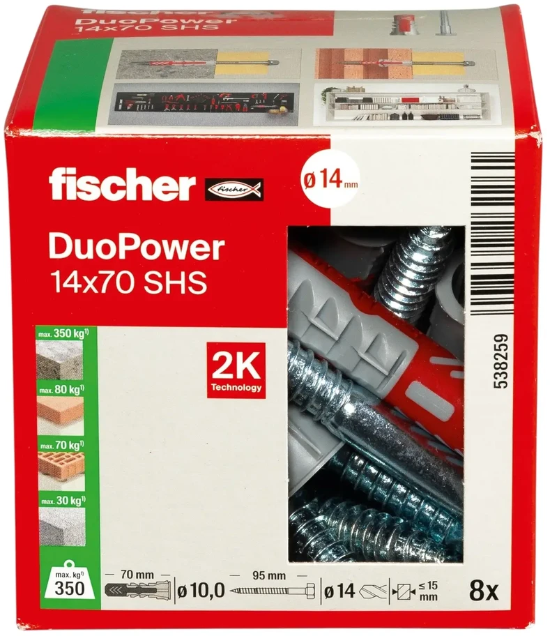 Grąžtas Kaištis Fischer DuoPower, 70 mm x 14 mm, 8 vnt.