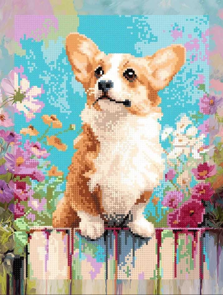 Deimantinės mozaikos paveikslas ištiestas Corgi šuo