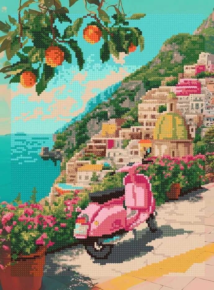 Beldizart deimantinė mozaika Cinque Terre su rožiniu motoroleriu