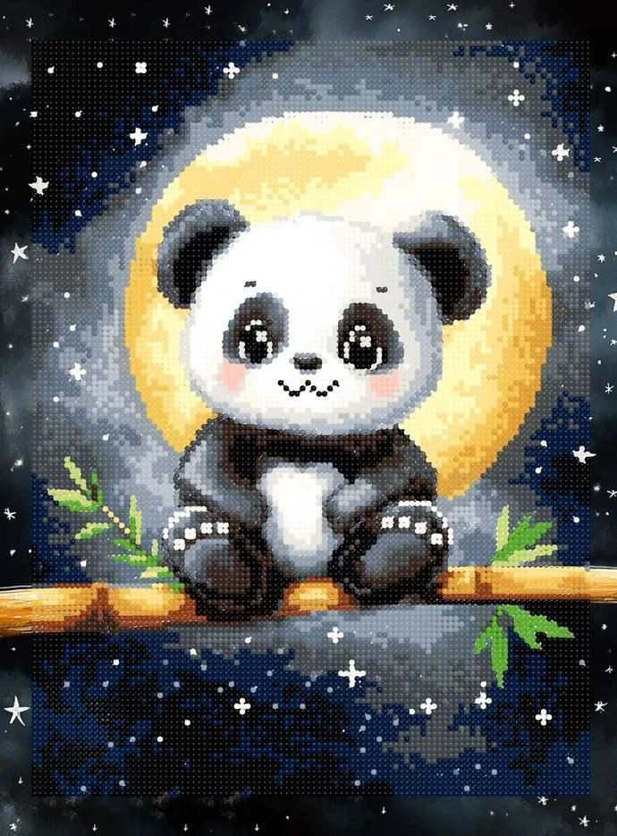 Deimantinė mozaika: panda pilnaties fone