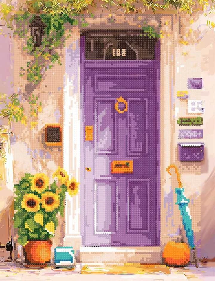 Deimantinė mozaika: Violetinės durys su saulėgrąžomis