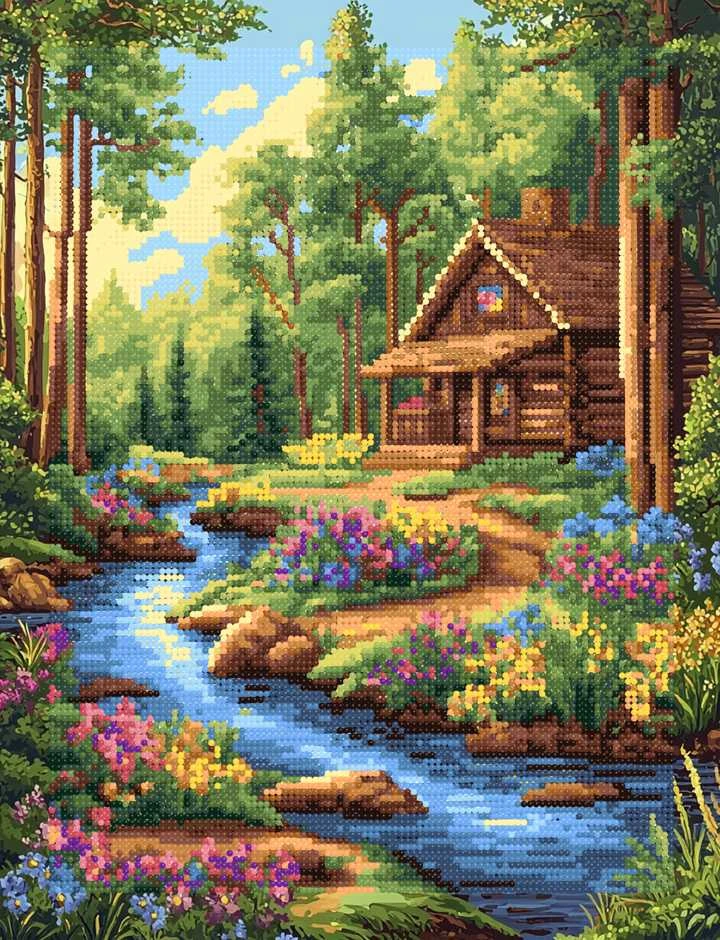 Beldizart deimantų tapyba Forest Stream su rąstiniu nameliu