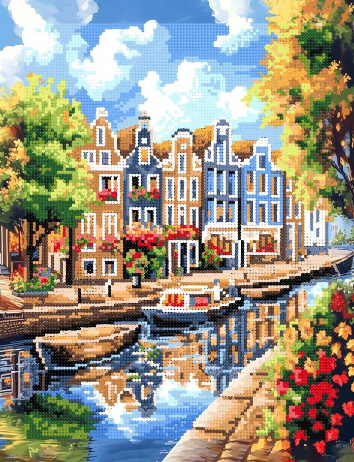 Deimantų mozaika Žydintis Amsterdamas su kanalo vaizdu
