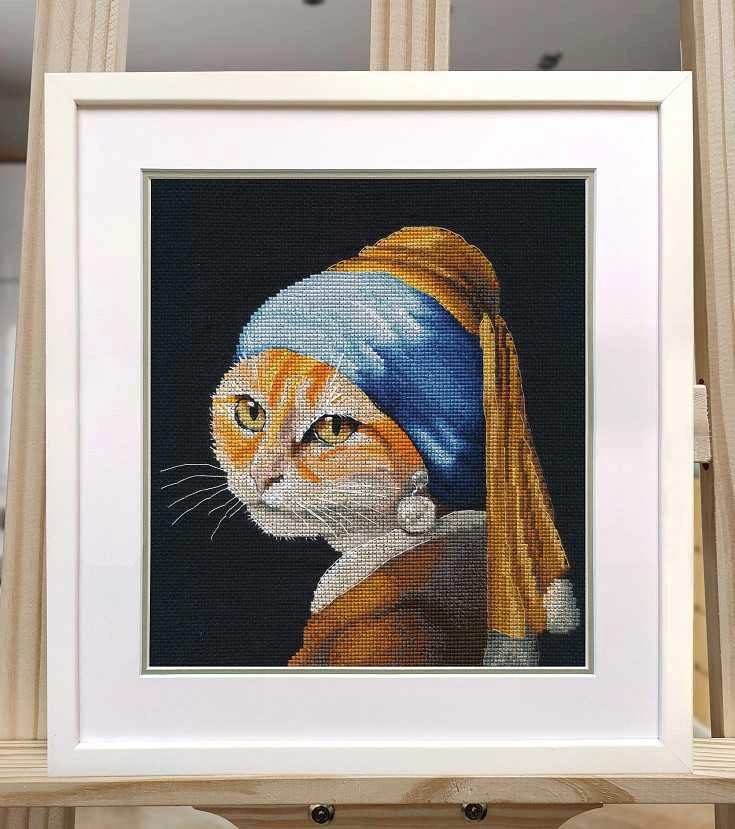 Oven Beldizart Siuvinėjimo kryželiu rinkinys "Katytė su perlais auskaruose" 21x22 cm S1654