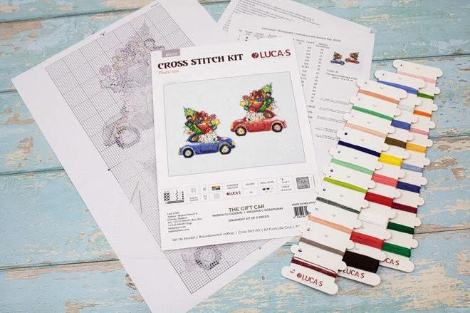 Luca S siuvinėjimo rinkinio detalės ir siūlų paletė