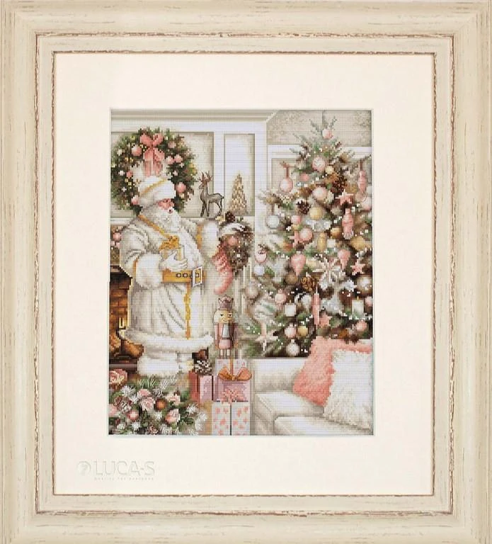 luca S Kryželiu siuvinėjimo rinkinys Baltas Kalėdų Senelis su Kalėdų eglute 25x32cm SBU5019