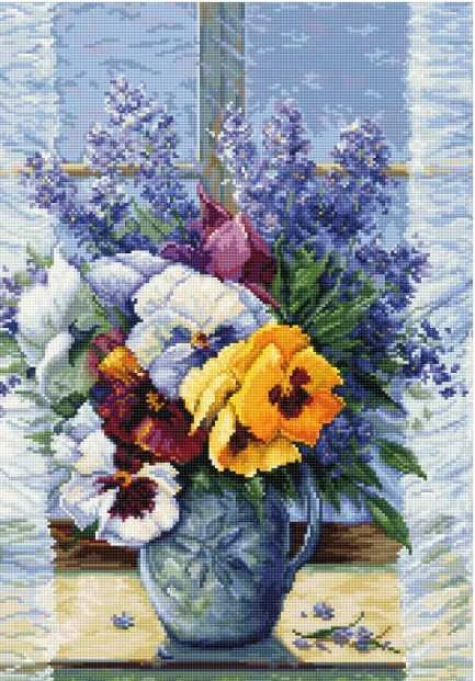 luca S Siuvinėjimo kryželiu rinkinys "Puokštė su našlaitėmis" 25x36cm SB7030